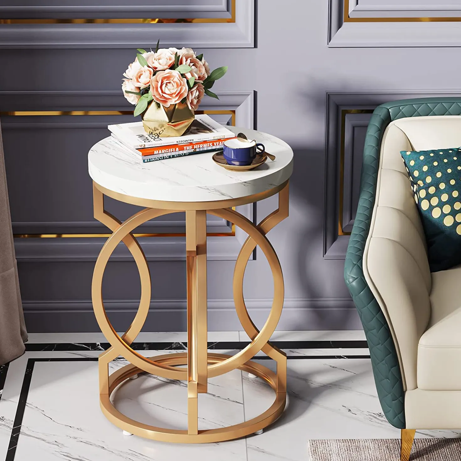 Round End Table, Modern Bedside Table with Faux Marble Top