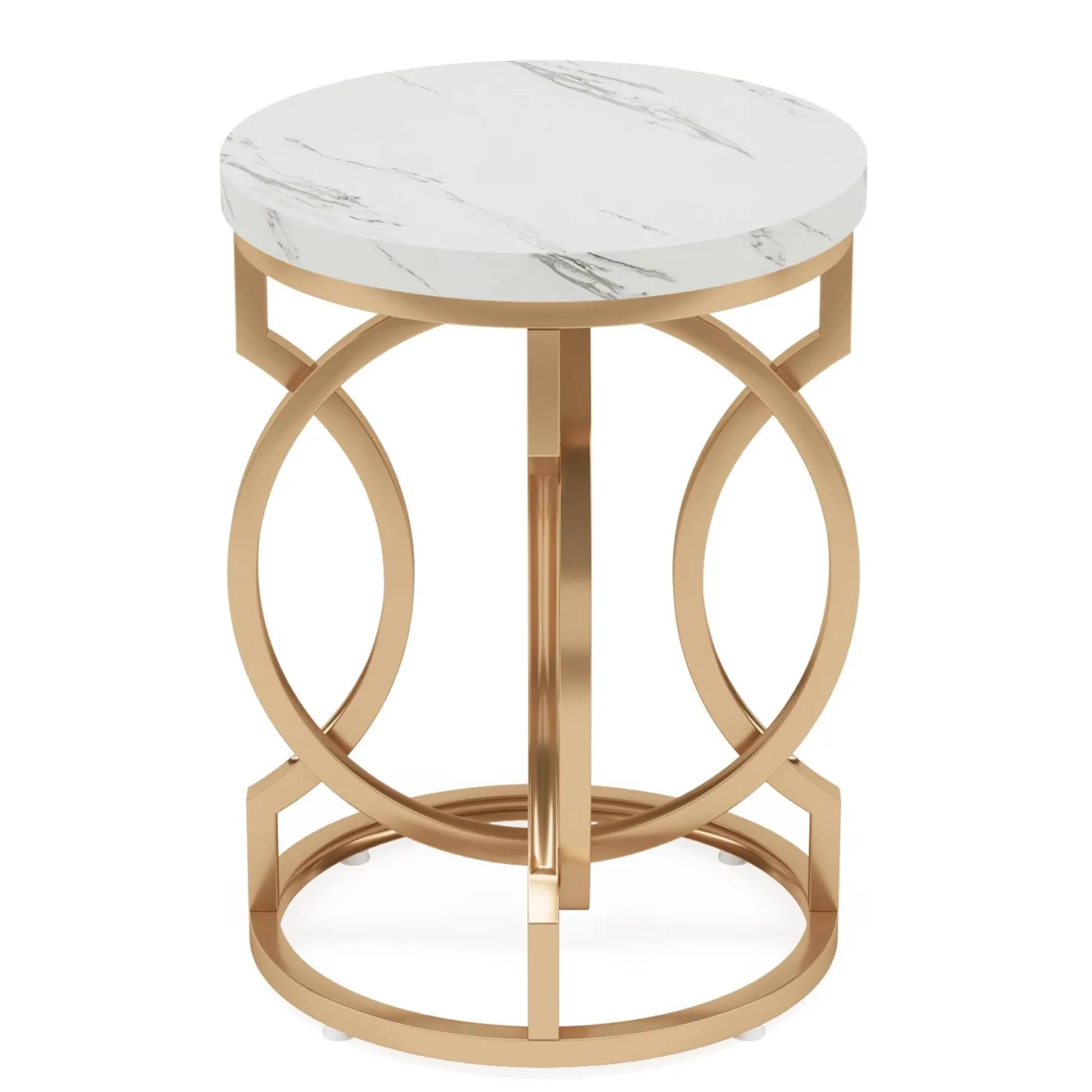 Round End Table, Modern Bedside Table with Faux Marble Top