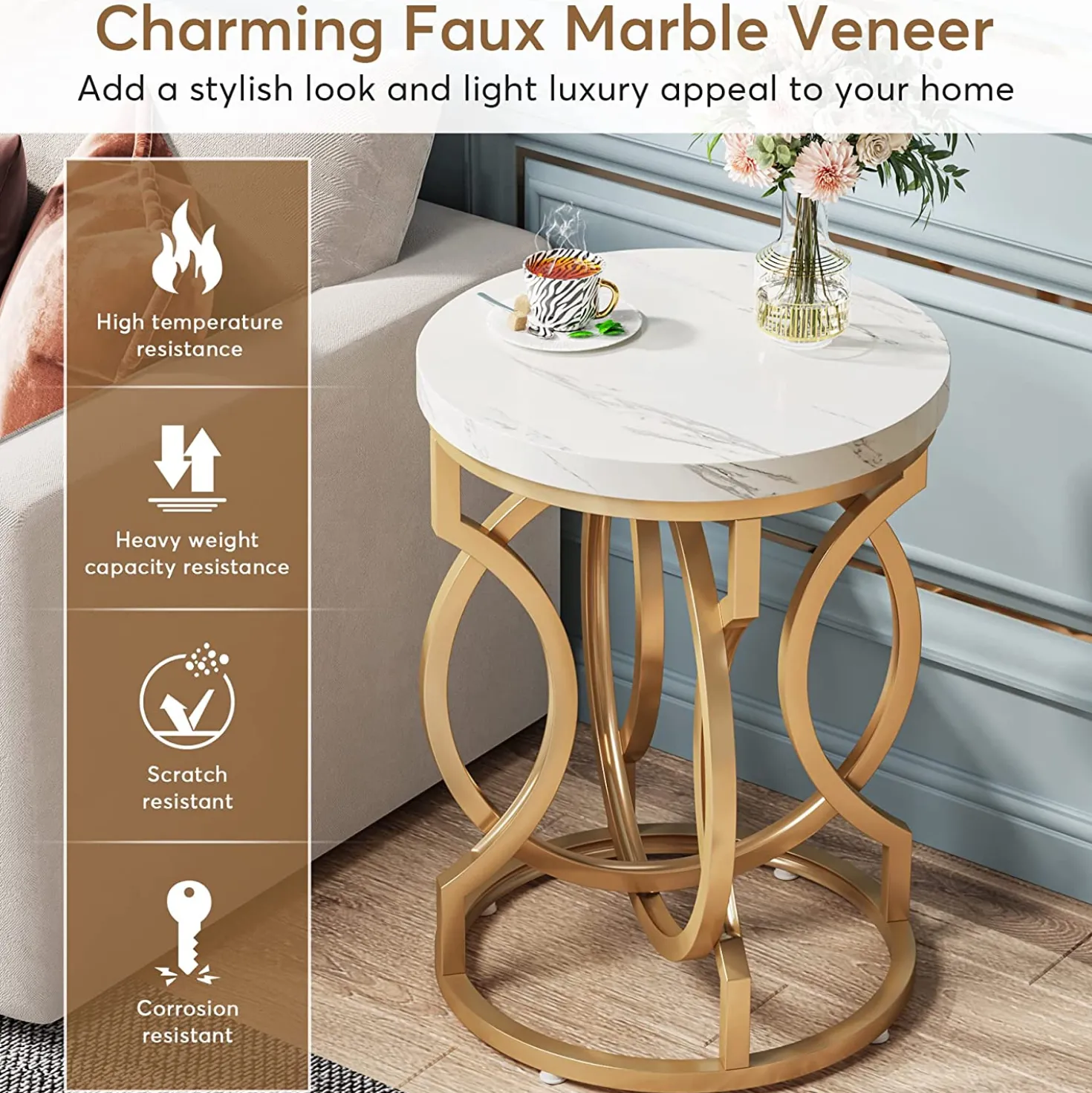 Round End Table, Modern Bedside Table with Faux Marble Top