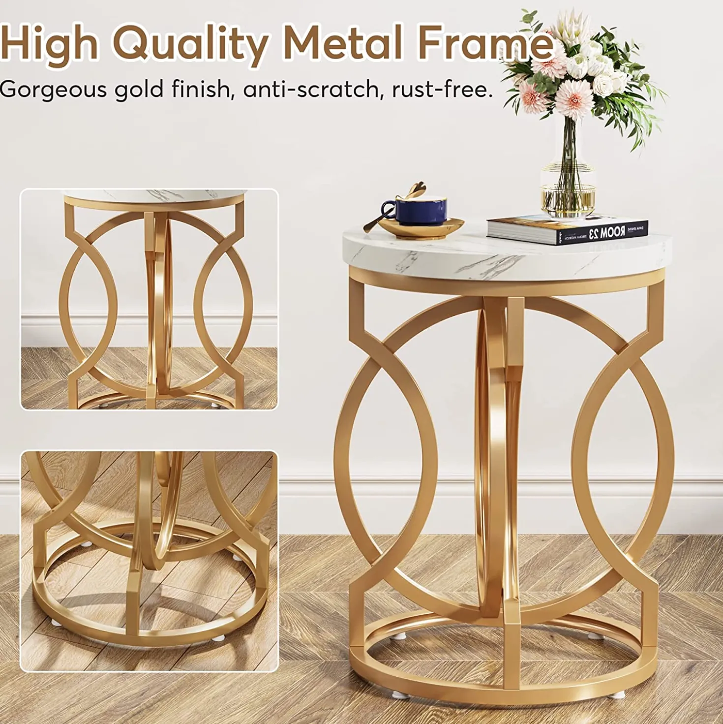Round End Table, Modern Bedside Table with Faux Marble Top