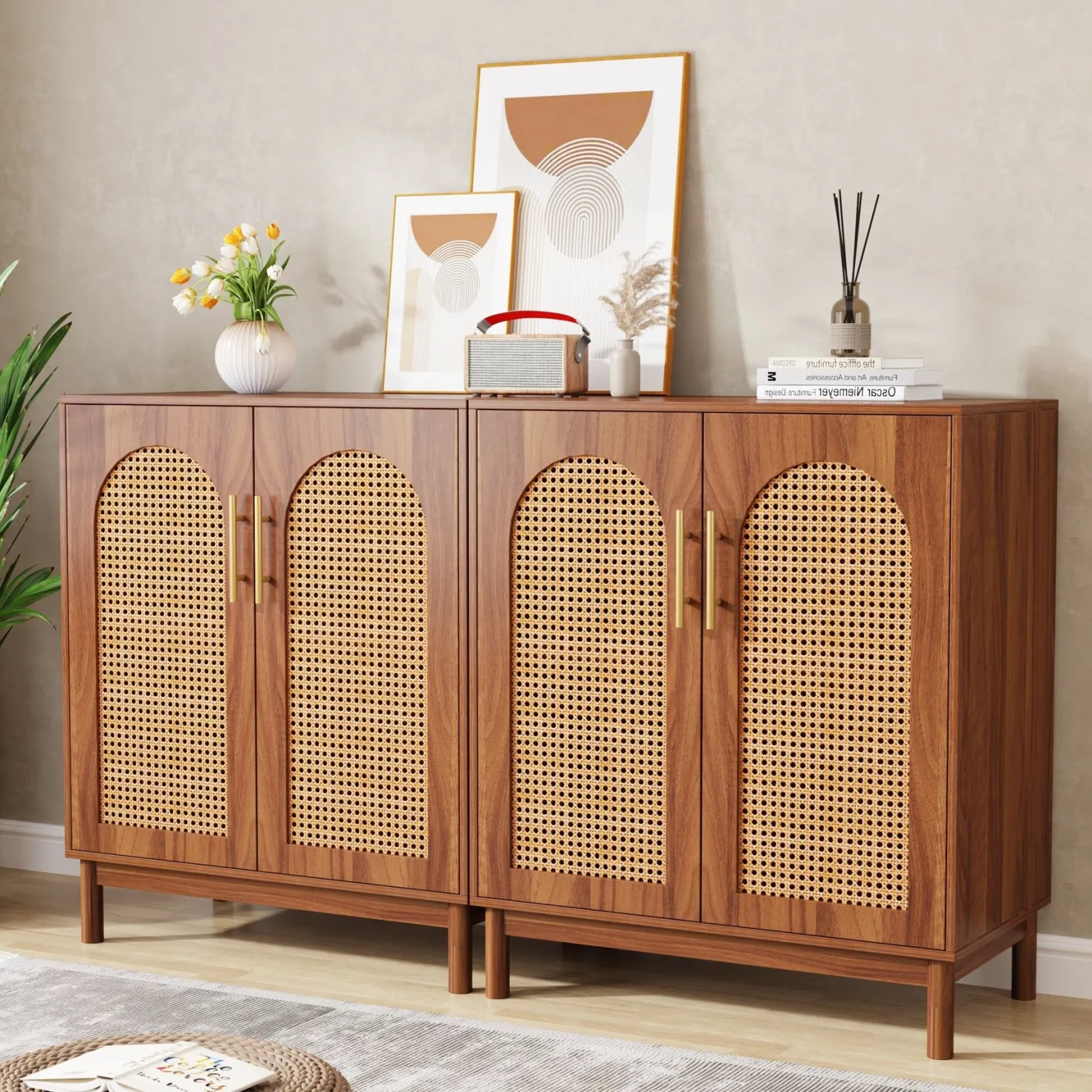 Sideboard Buffet Set of 2, Accent Rattan Storage Cabinet with Doors