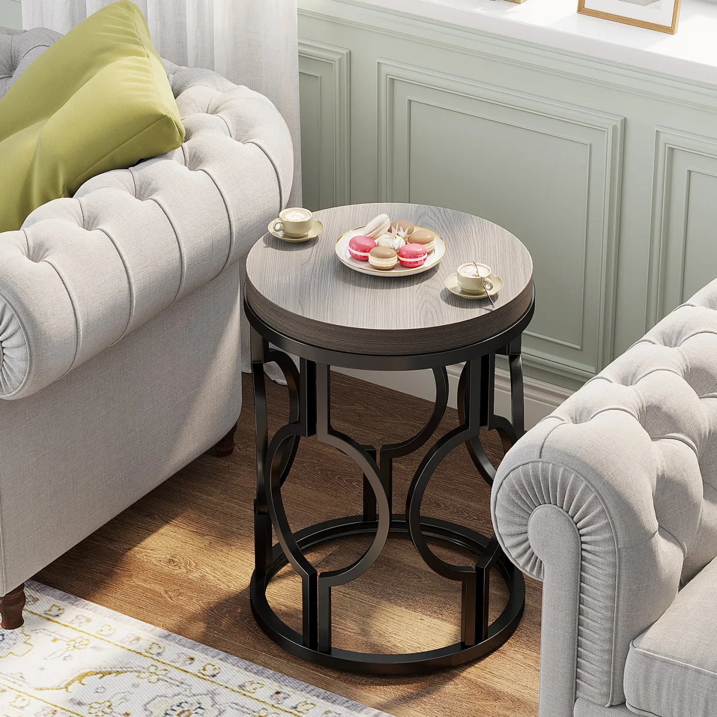 Small Round End Table, Industrial Metal Frame Side Table for Living Room & Bedroom