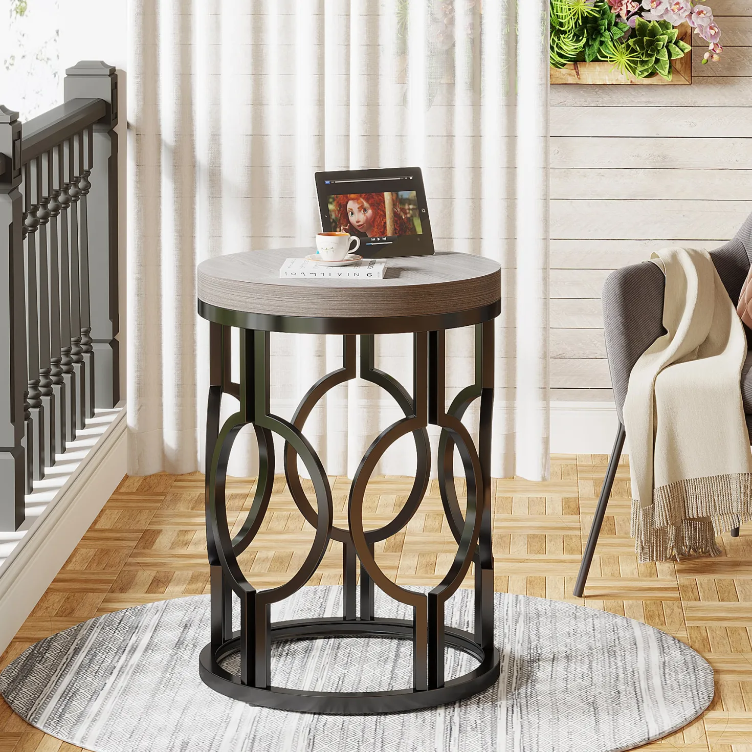 Small Round End Table, Industrial Metal Frame Side Table for Living Room & Bedroom