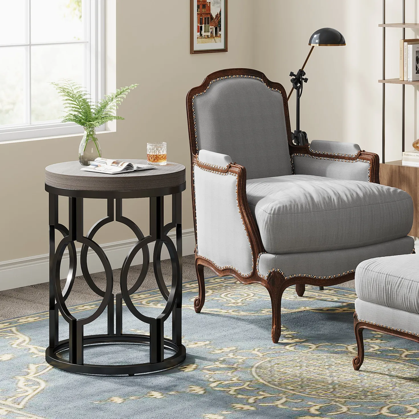 Small Round End Table, Industrial Metal Frame Side Table for Living Room & Bedroom