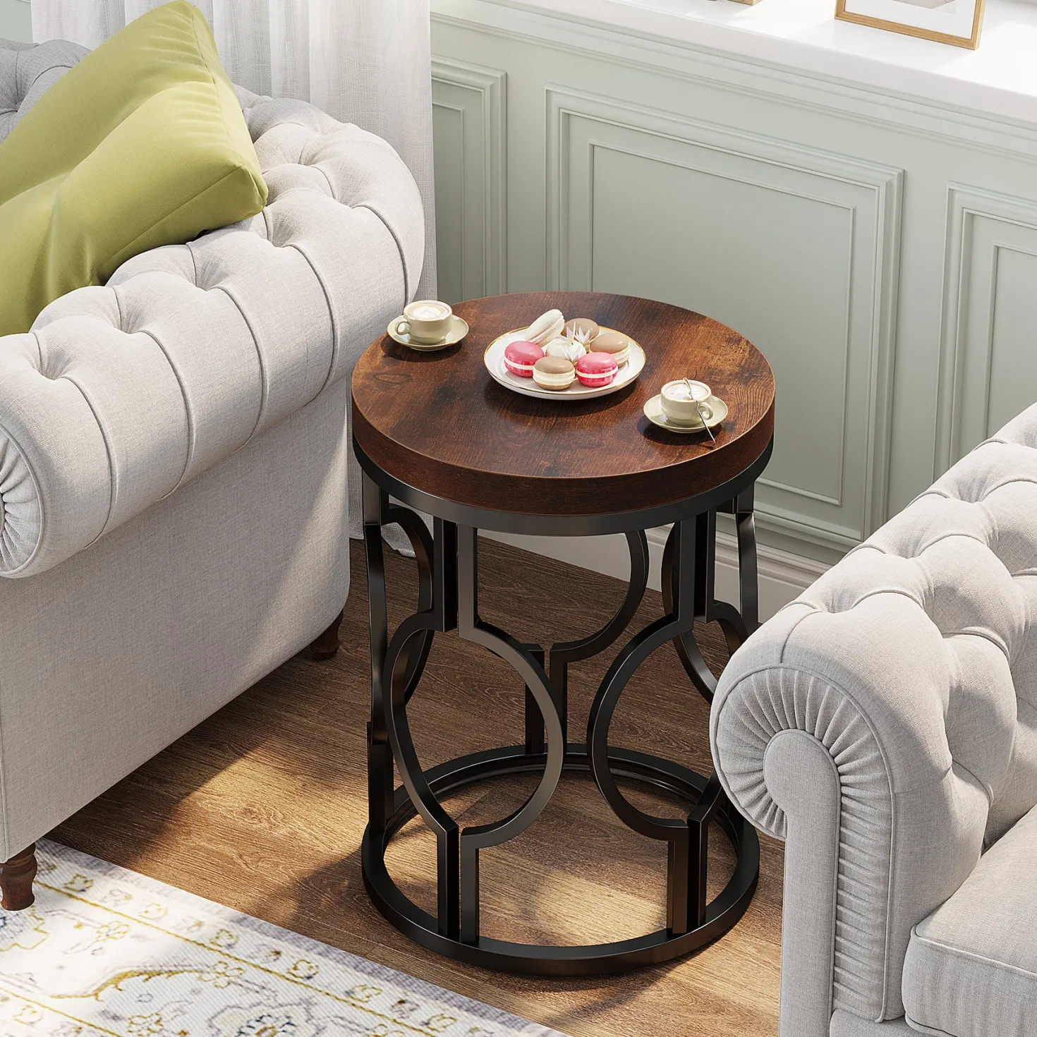 Small Round End Table, Industrial Metal Frame Side Table for Living Room & Bedroom
