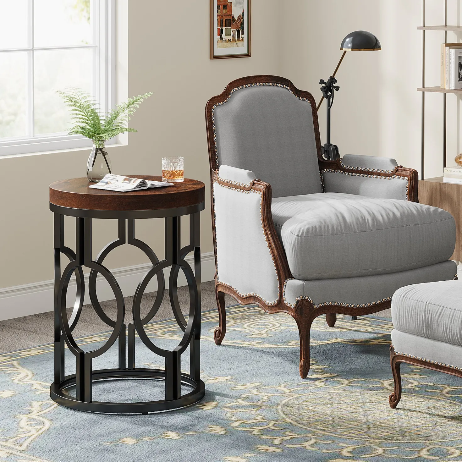 Small Round End Table, Industrial Metal Frame Side Table for Living Room & Bedroom