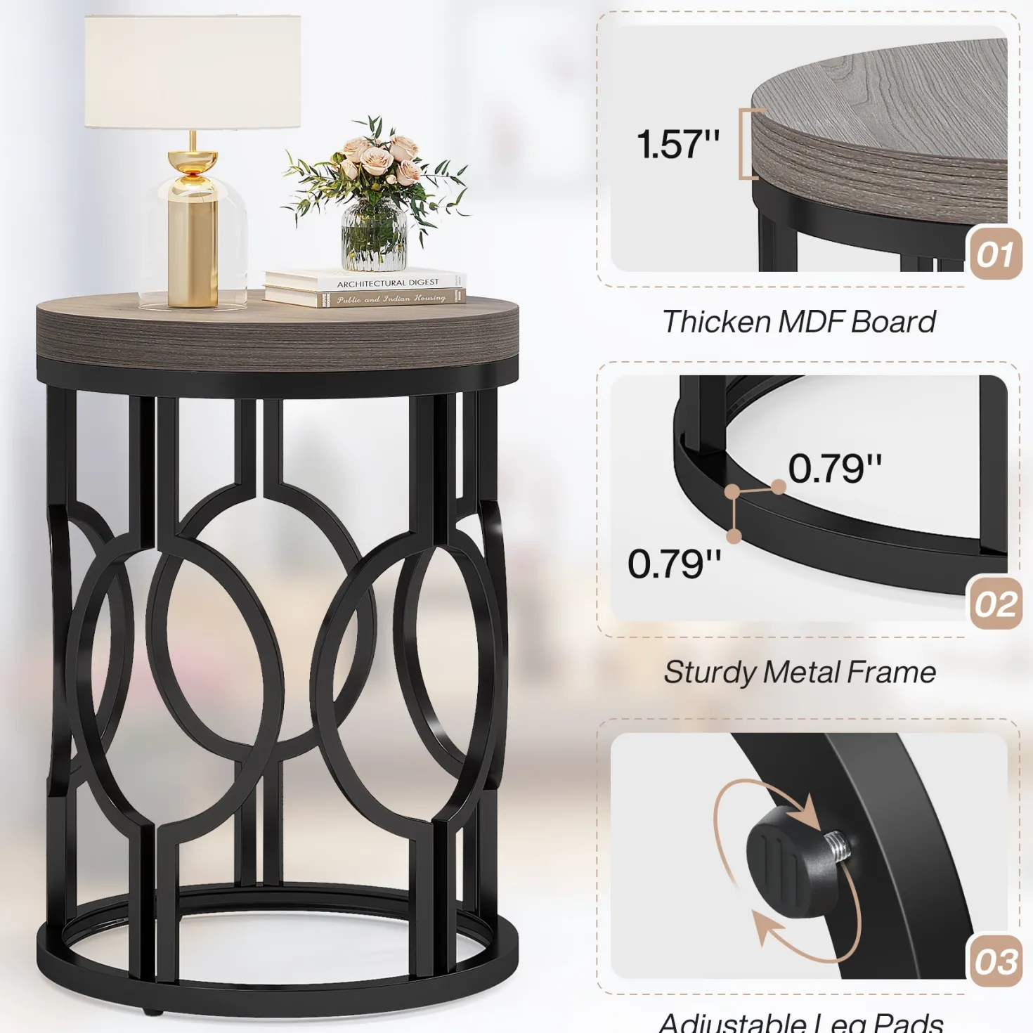 Small Round End Table, Industrial Metal Frame Side Table for Living Room & Bedroom