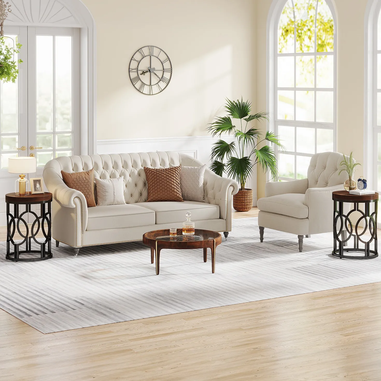Small Round End Table, Industrial Metal Frame Side Table for Living Room & Bedroom