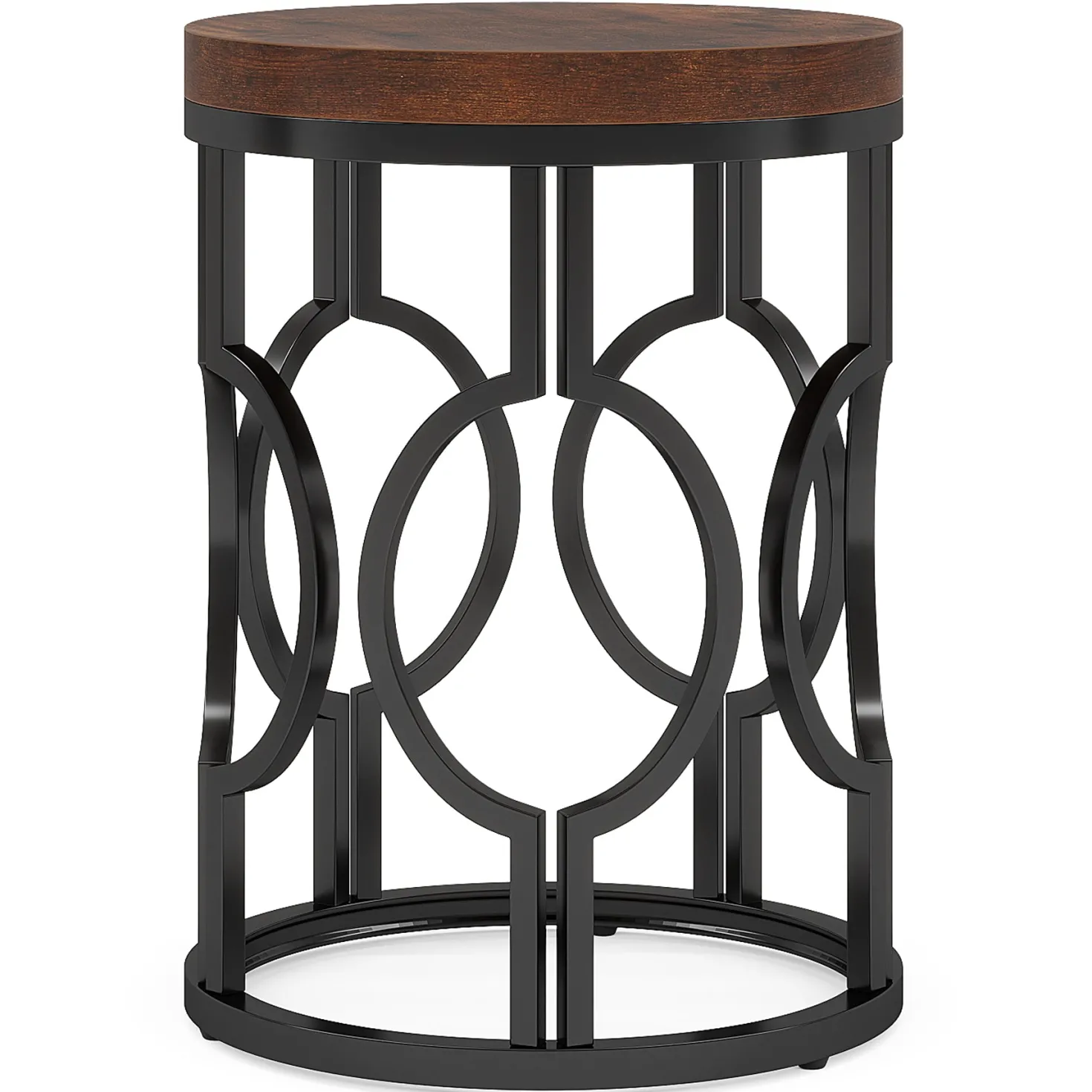 Small Round End Table, Industrial Metal Frame Side Table for Living Room & Bedroom