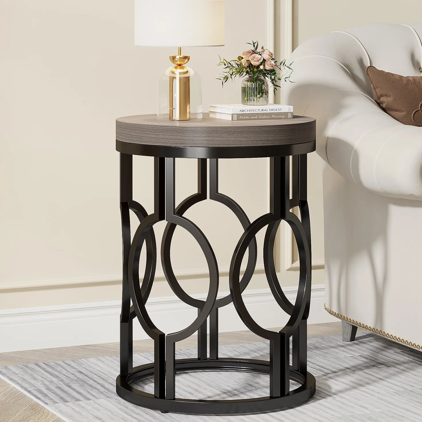 Small Round End Table, Industrial Metal Frame Side Table for Living Room & Bedroom
