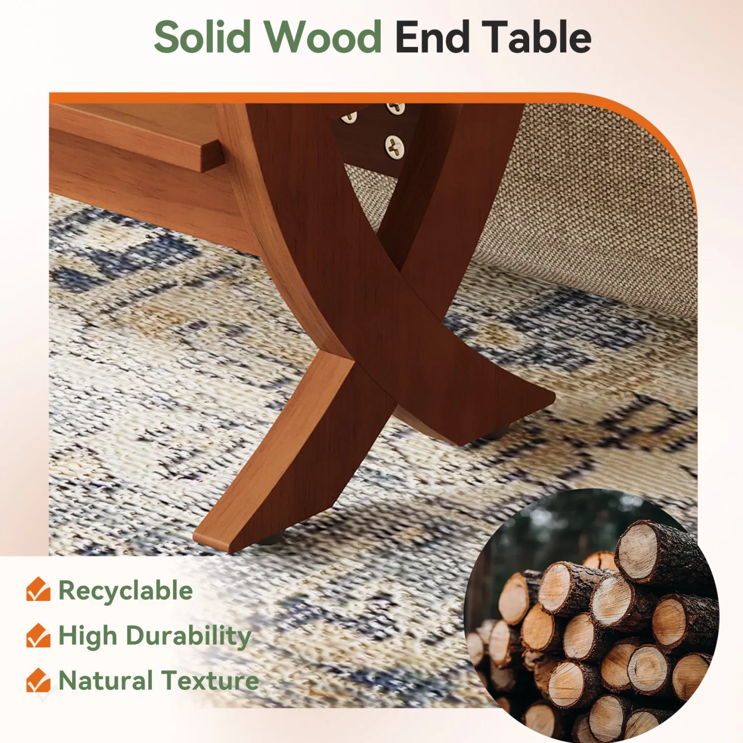 Solid Wood End Table, 2-Tier Couch Side Table with Arched Legs