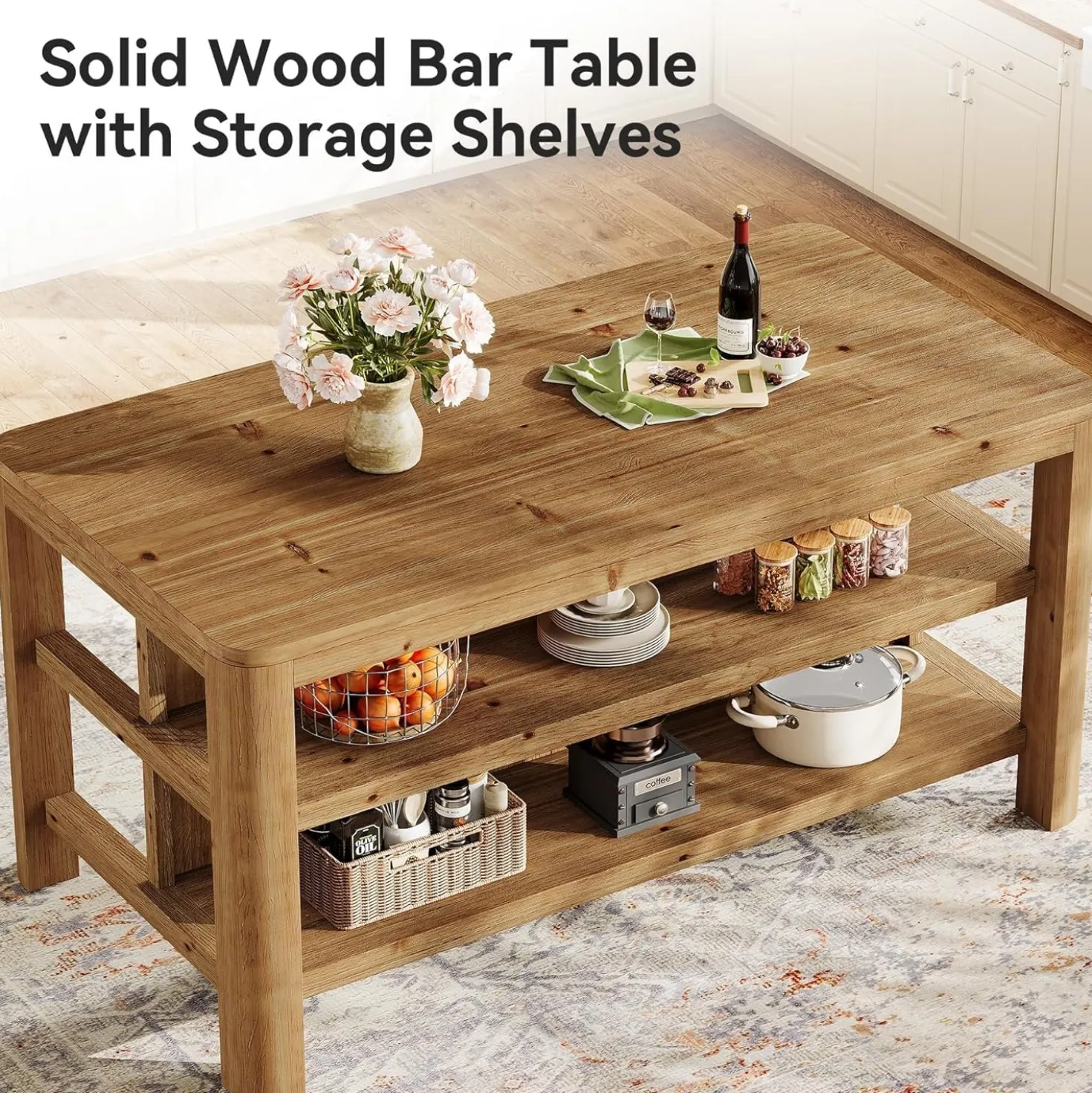 Solid Wood Bar Table, 63" Counter Height Pub Table with Storage Shelves