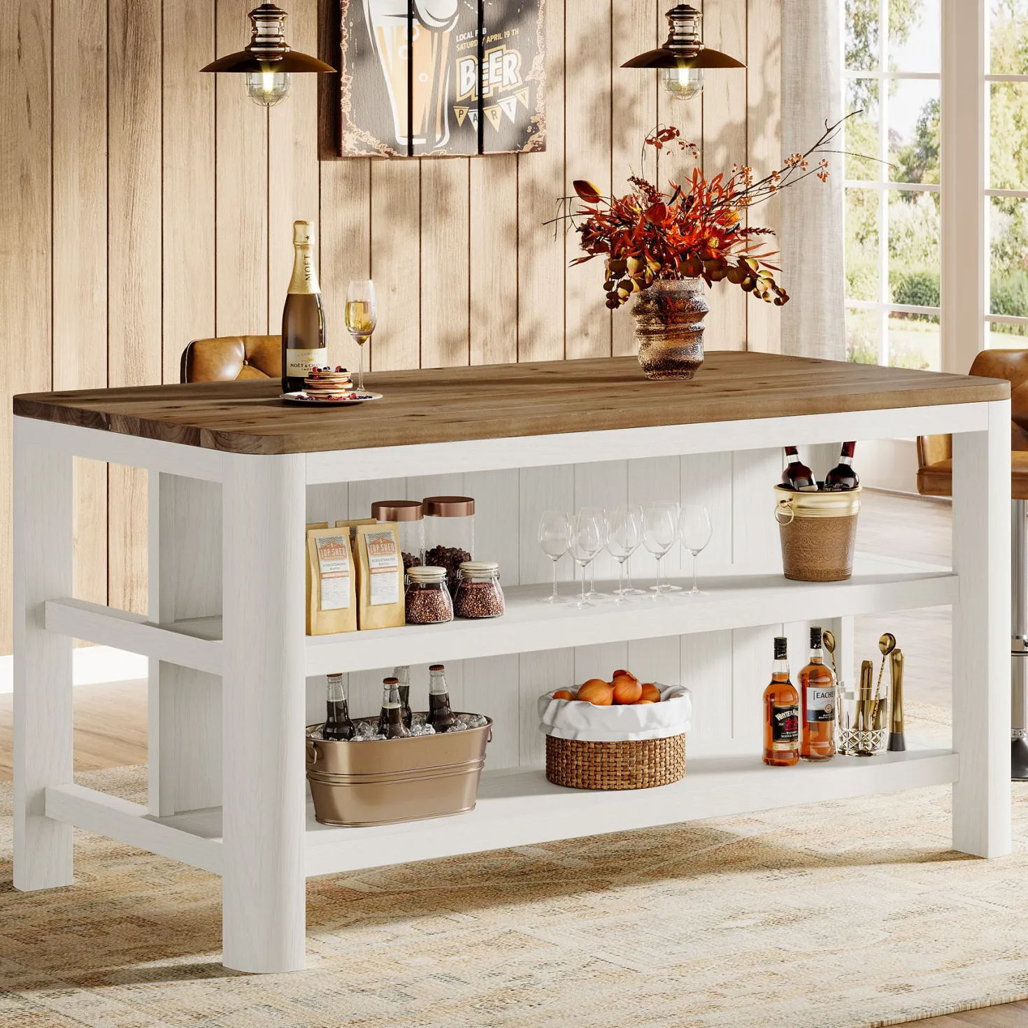 Solid Wood Bar Table, 63" Counter Height Pub Table with Storage Shelves