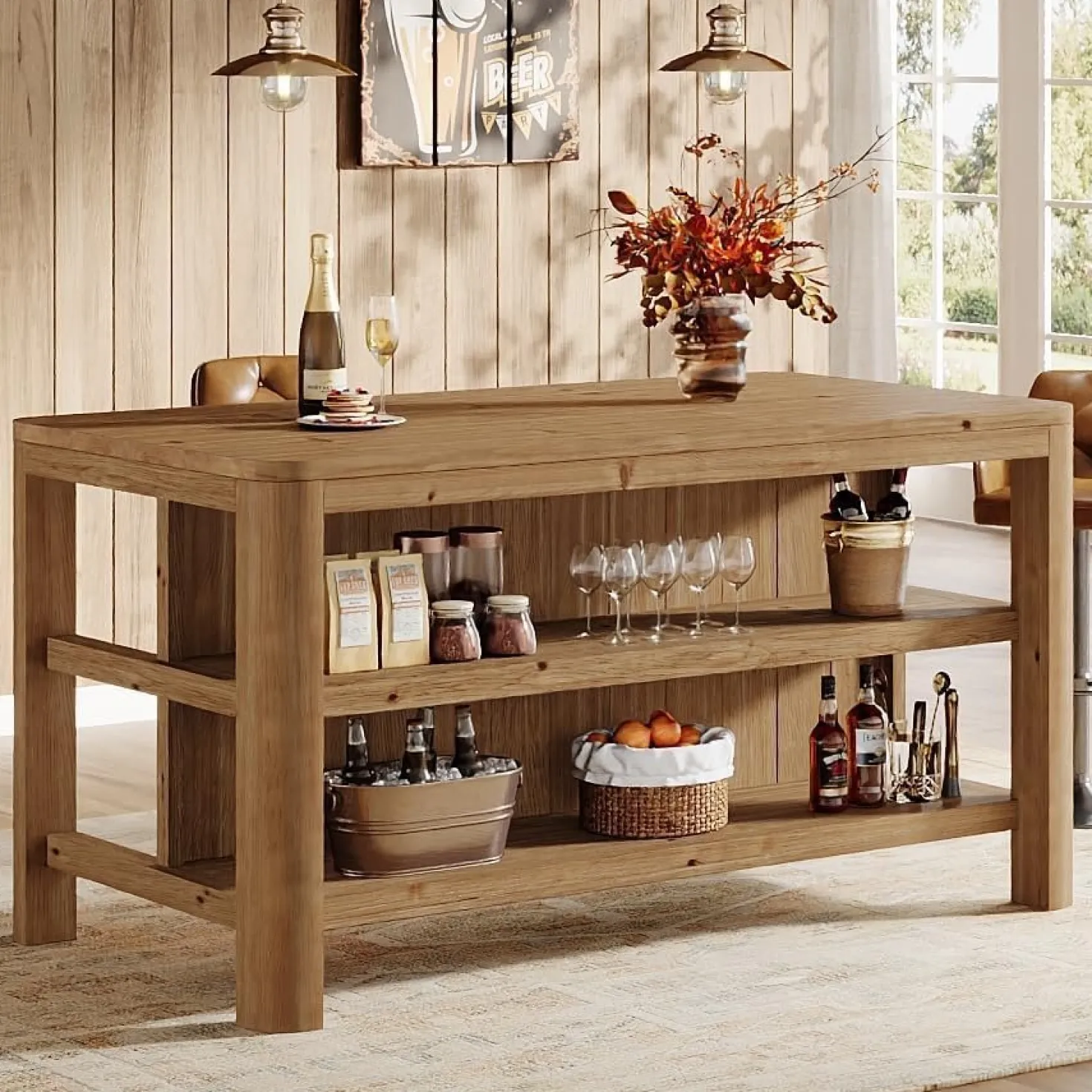 Solid Wood Bar Table, 63" Counter Height Pub Table with Storage Shelves