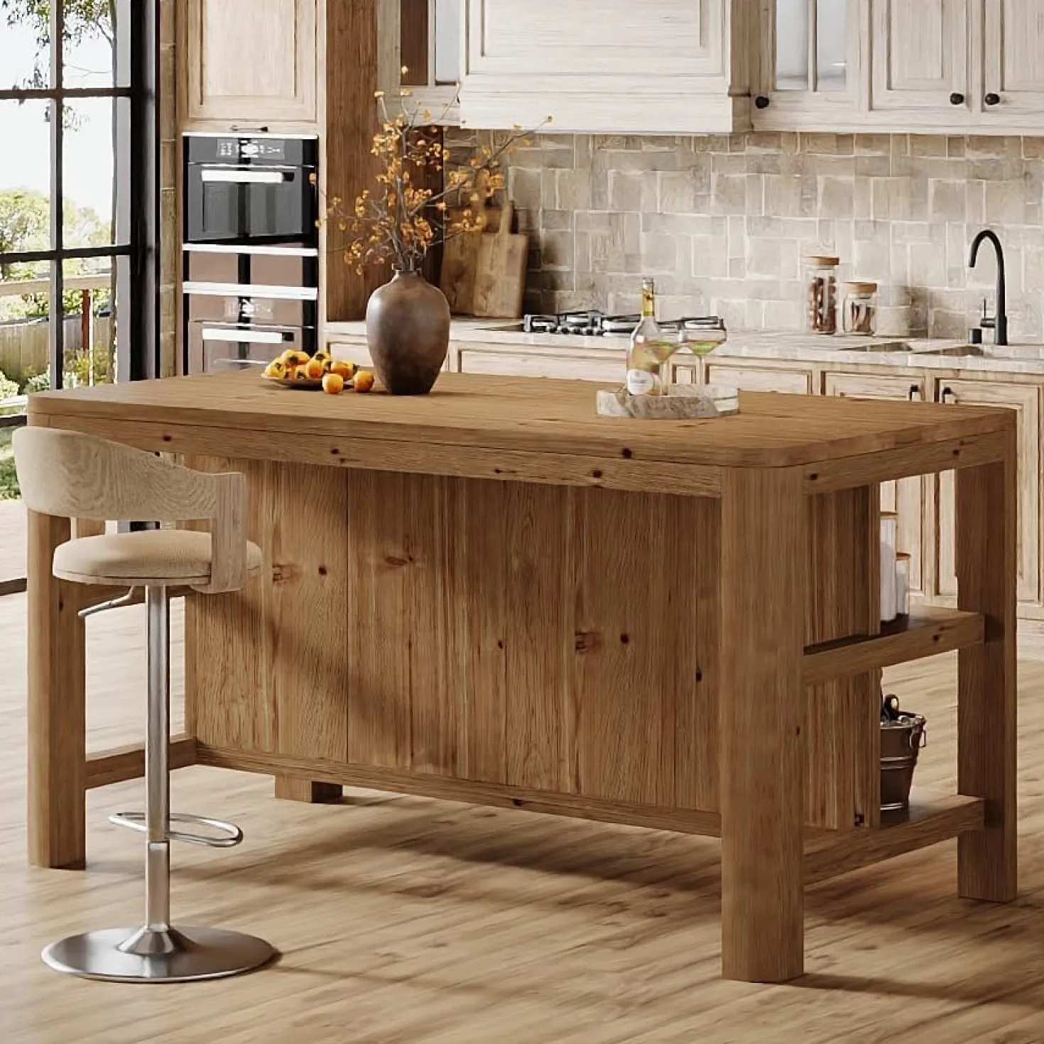 Solid Wood Bar Table, 63" Counter Height Pub Table with Storage Shelves