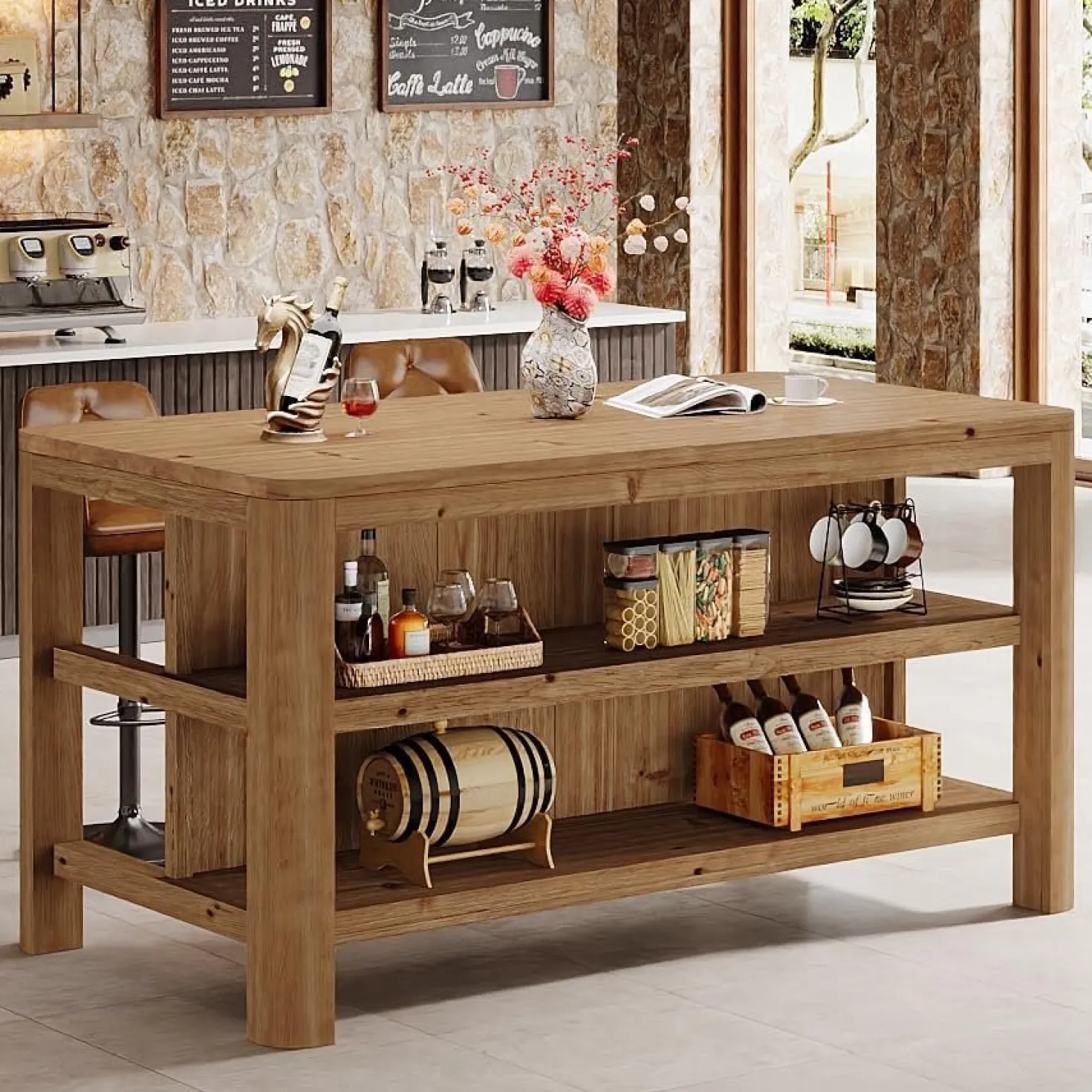 Solid Wood Bar Table, 63" Counter Height Pub Table with Storage Shelves