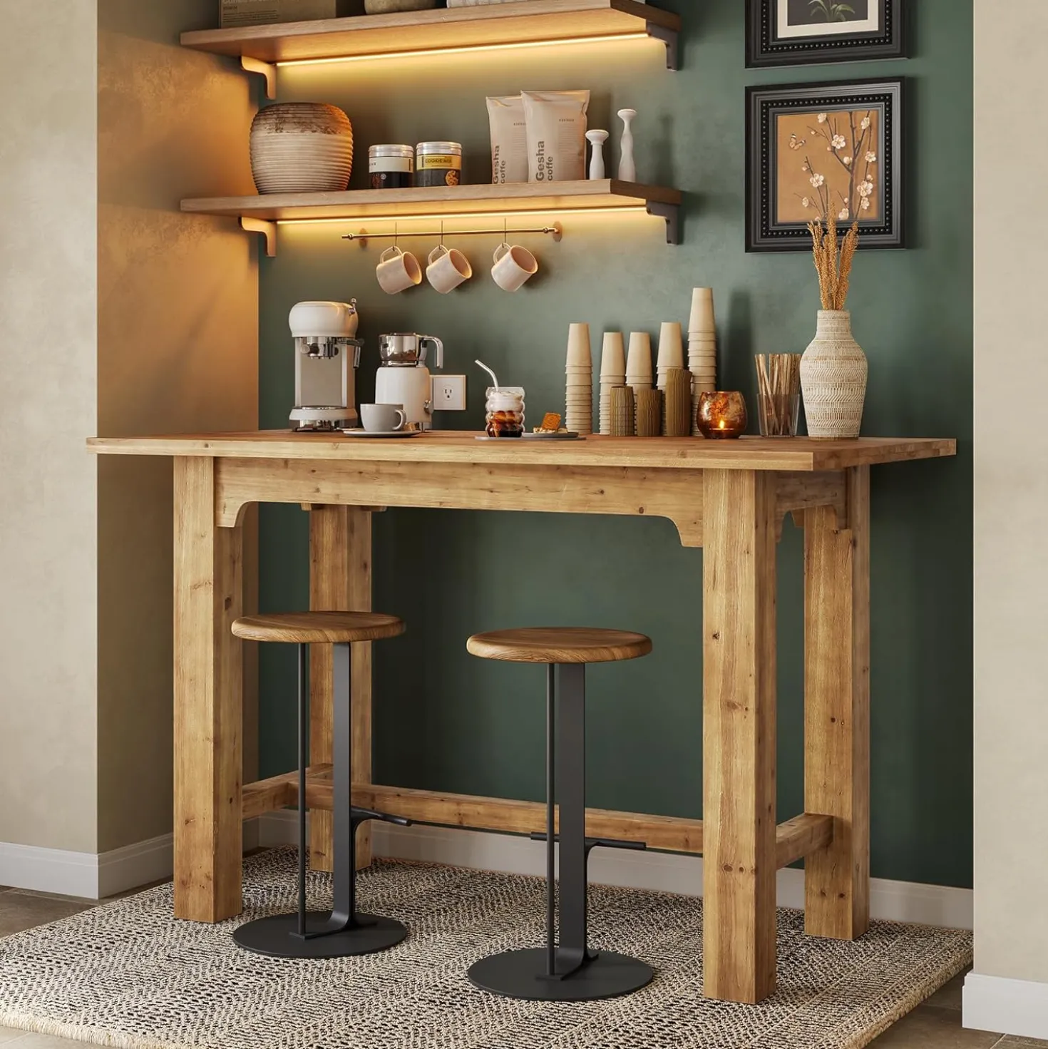 Solid Wood Bar Table, 63" Dining Table Counter Height Pub Table
