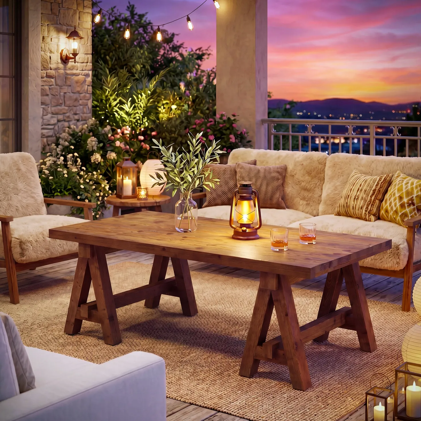 Solid Wood Coffee Table, 47" Farmhouse Center Table with Trestle Base for Living Room