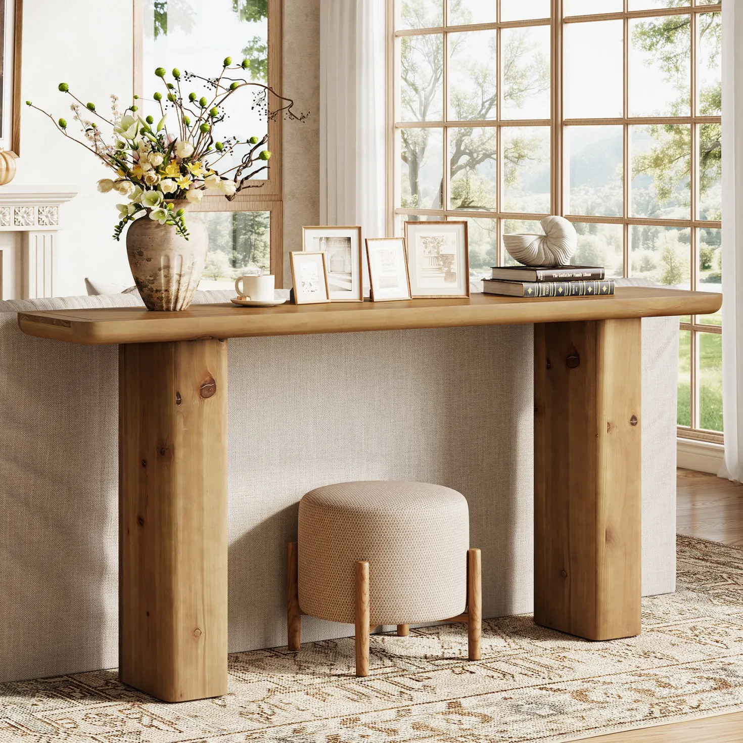 Solid Wood Console Table, 63" Sofa Table Behind Couch with Sturdy Base