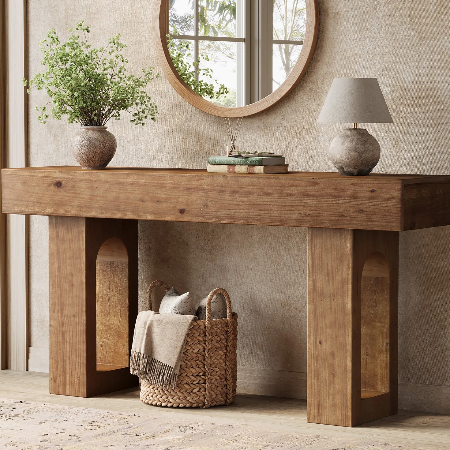 Solid Wood Console Table, 63" Farmhouse Entryway Sofa Table Behind Couch