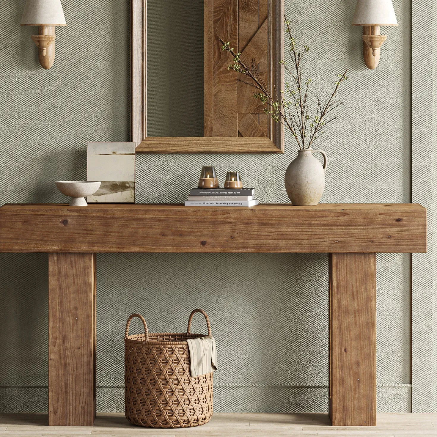 Solid Wood Console Table, 63" Farmhouse Entryway Sofa Table Behind Couch