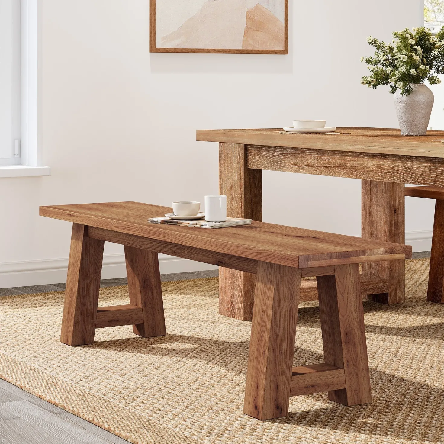 Solid Wood Dining Bench, 55" Entryway Bench with A-Shaped Legs
