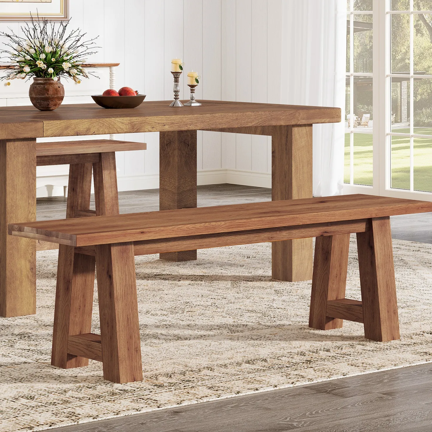 Solid Wood Dining Bench, 55" Entryway Bench with A-Shaped Legs