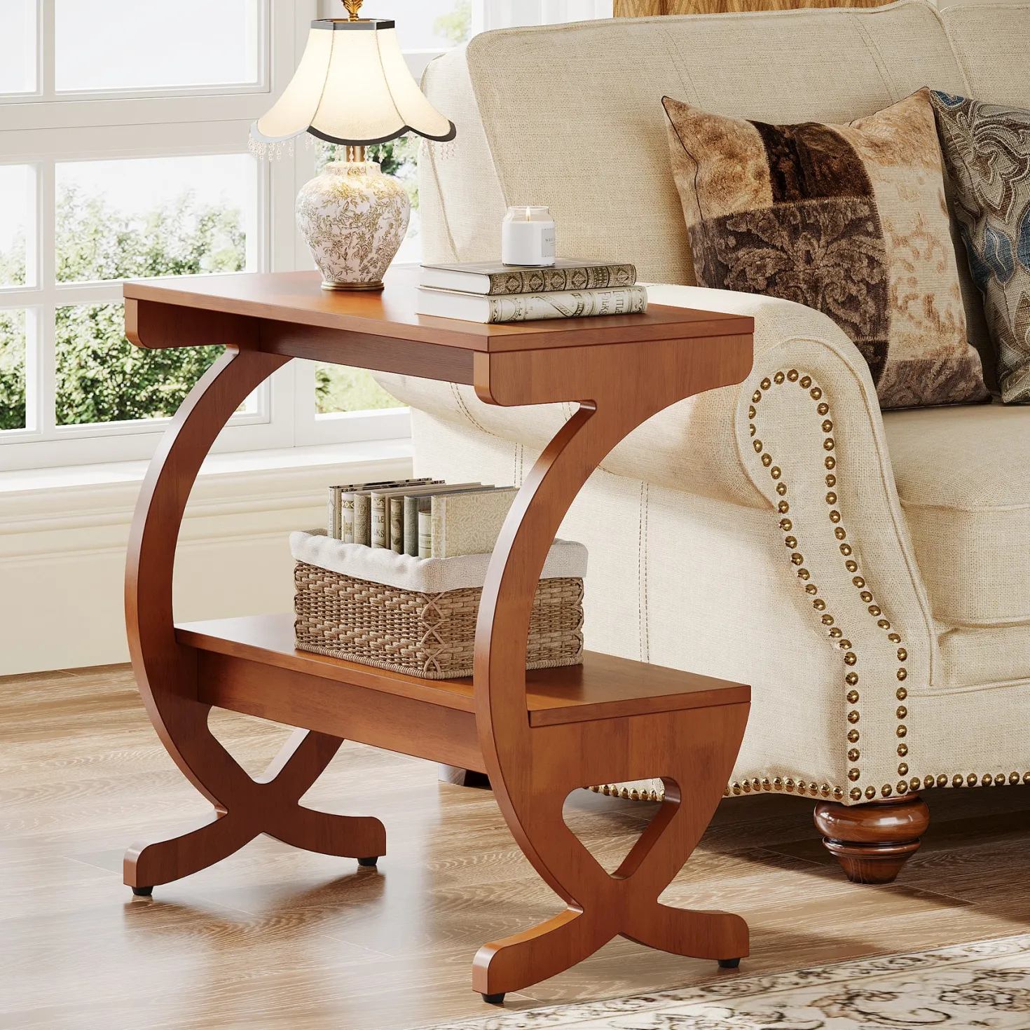 Solid Wood End Table, Narrow 2-Tier Side Table with Storage Shelf