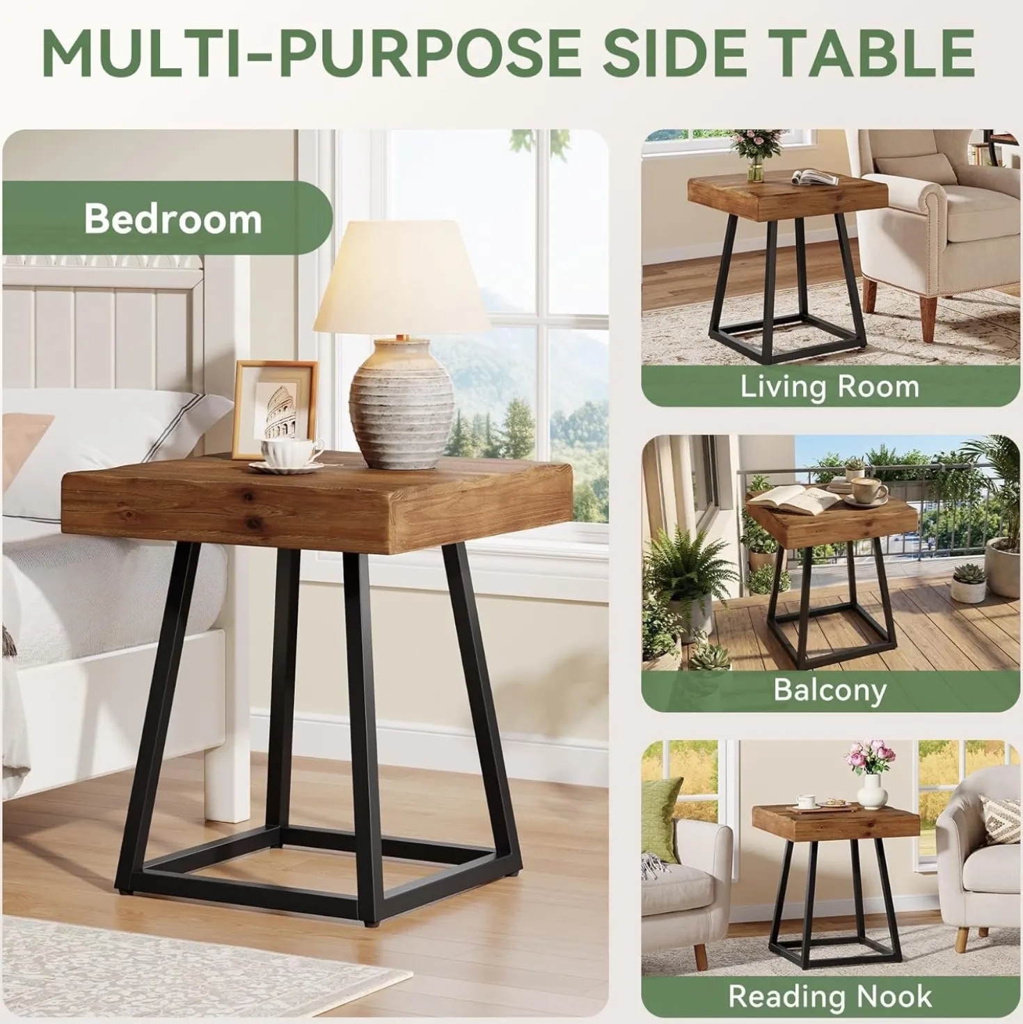 Solid Wood Nightstand, Industrial Square Bedside Table with Metal Frame