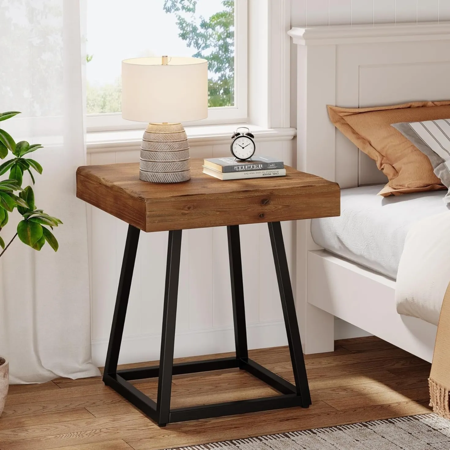 Solid Wood Nightstand, Industrial Square Bedside Table with Metal Frame