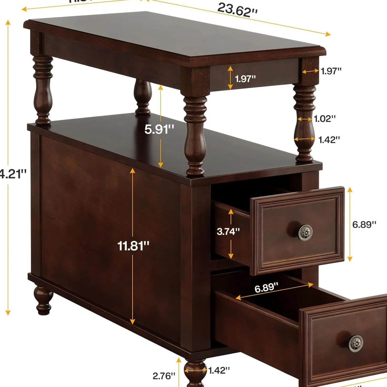 Solid Wood Nightstand with 2 Drawers, Bedside Table with Open Shelf