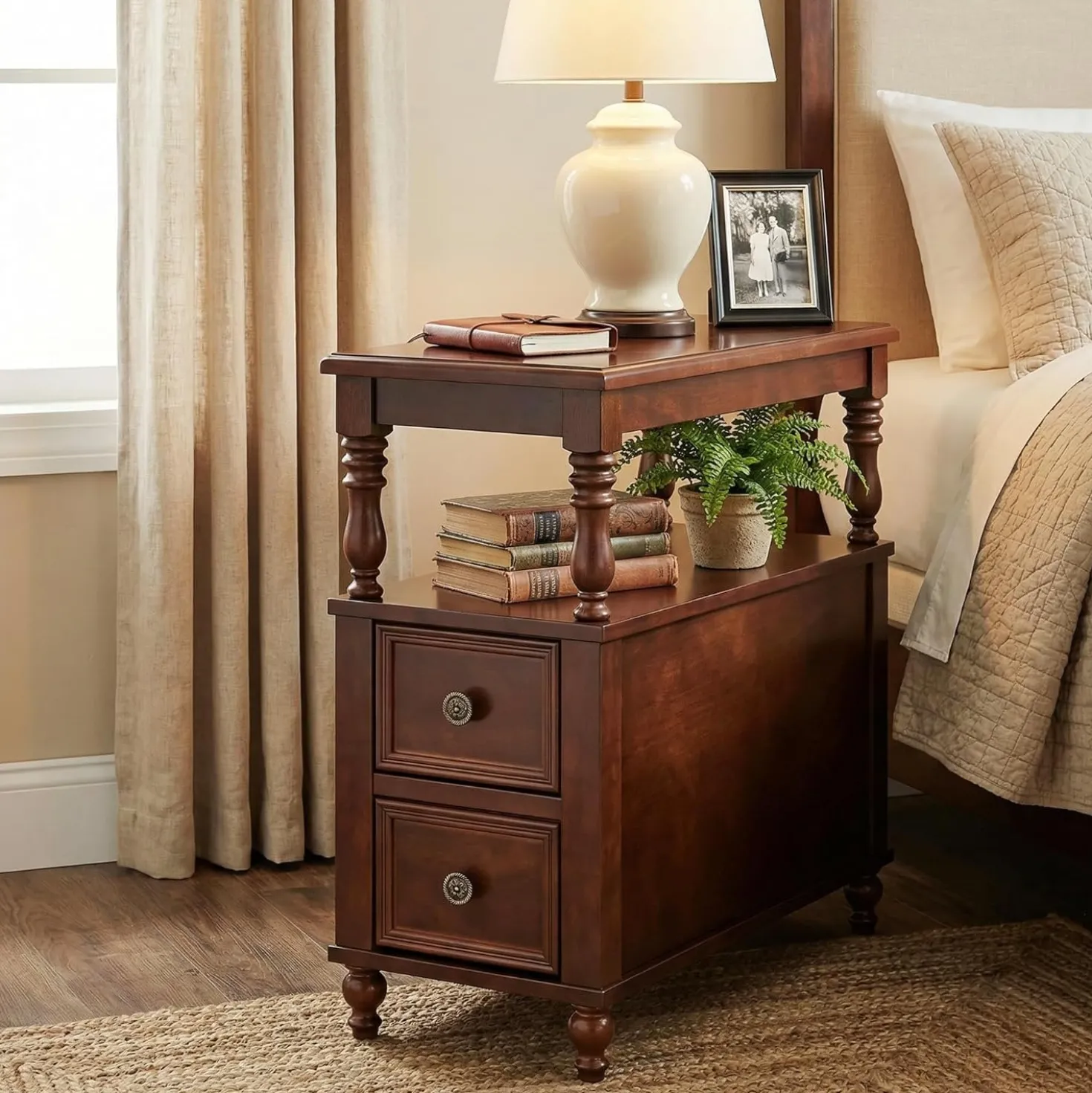 Solid Wood Nightstand with 2 Drawers, Bedside Table with Open Shelf