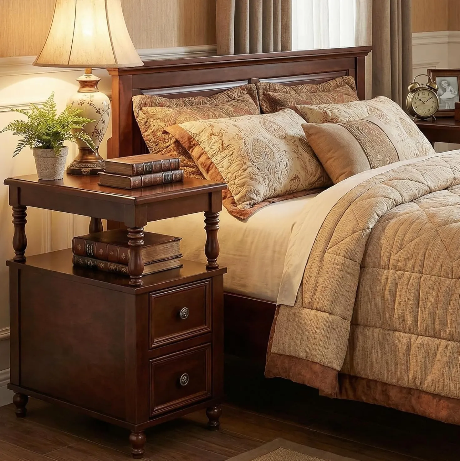 Solid Wood Nightstand with 2 Drawers, Bedside Table with Open Shelf