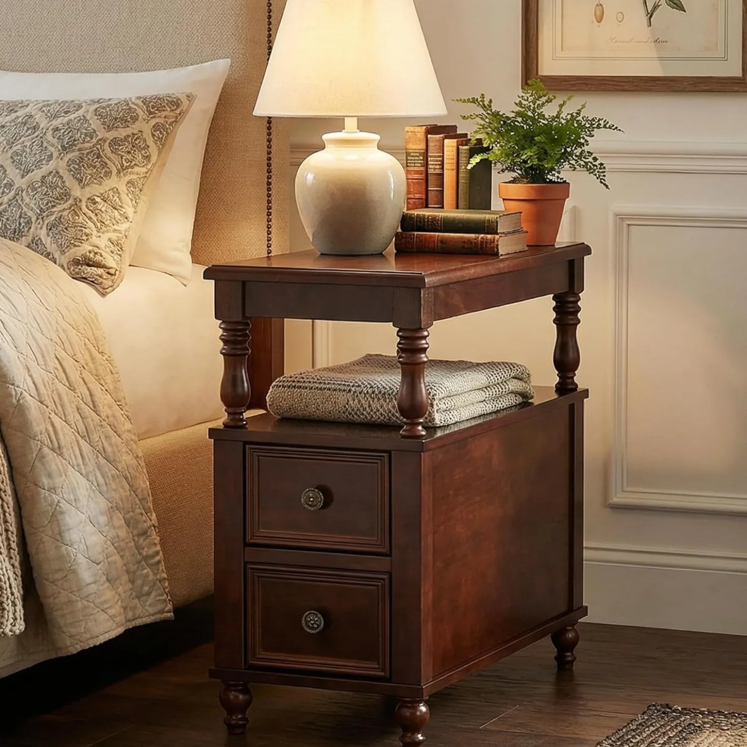Solid Wood Nightstand with 2 Drawers, Bedside Table with Open Shelf