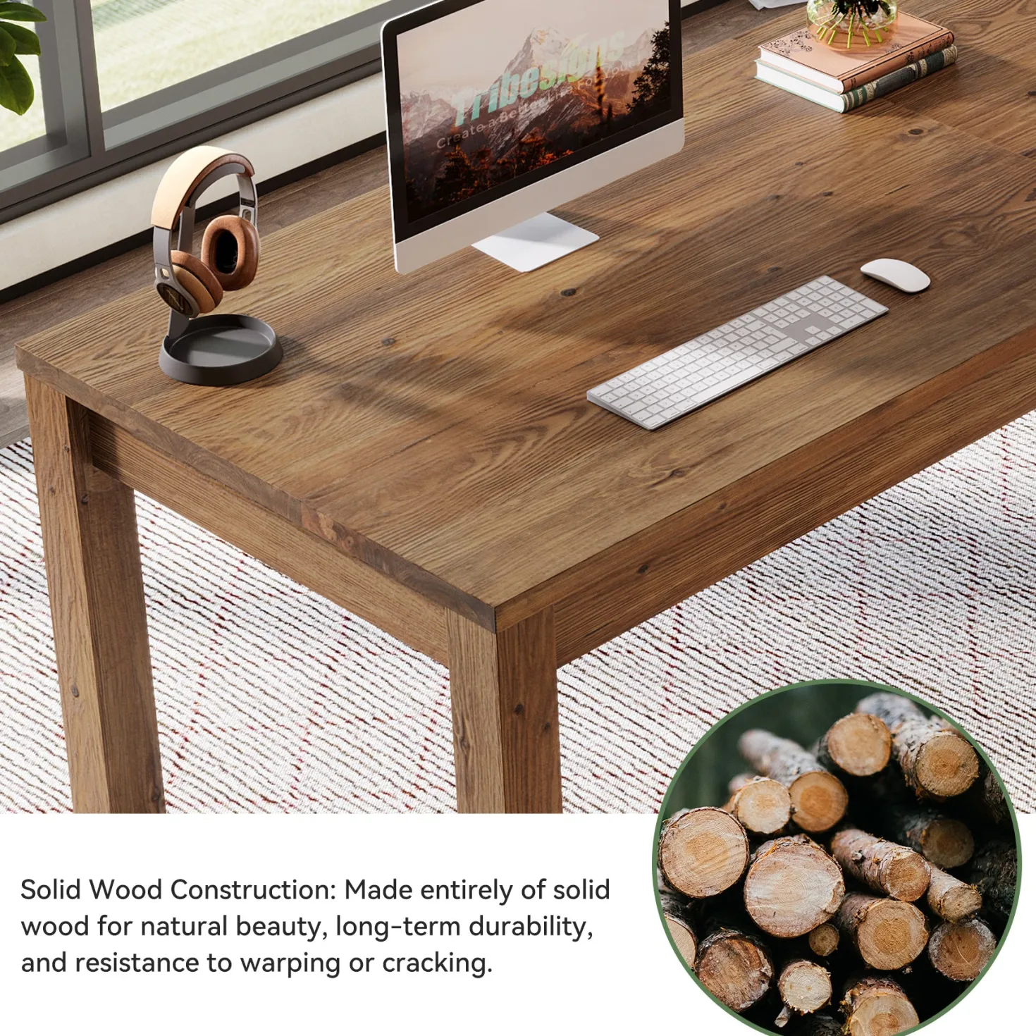 Solid Wood 2-Person Desk, 78.7" Double Computer Table Workstation