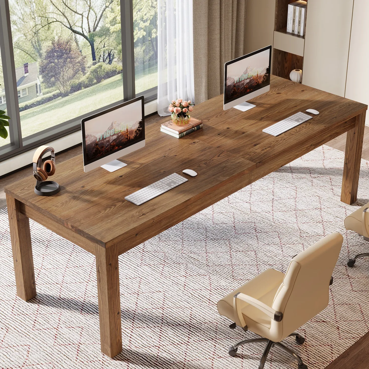 Solid Wood 2-Person Desk, 78.7" Double Computer Table Workstation