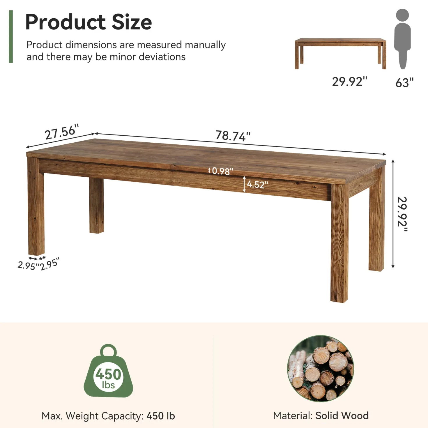 Solid Wood 2-Person Desk, 78.7" Double Computer Table Workstation