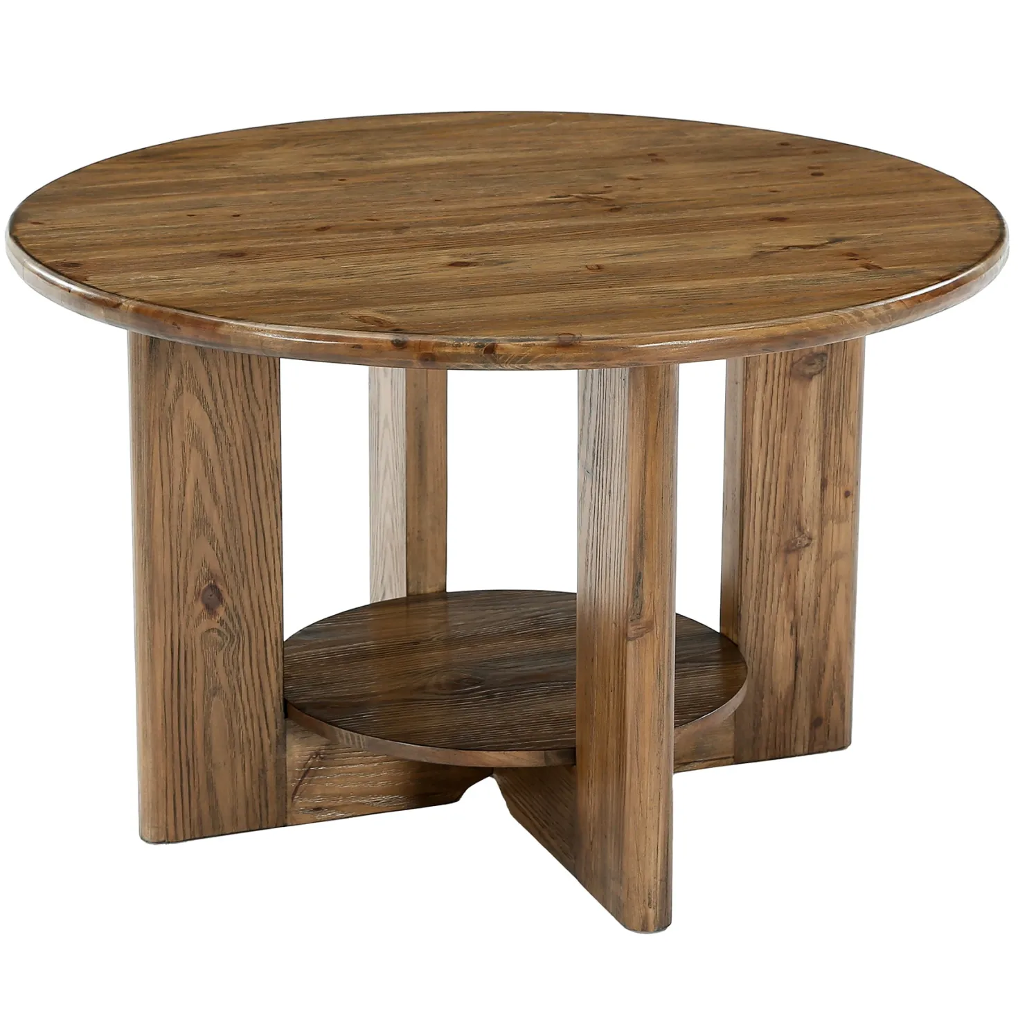 Solid Wood Round Coffee Table, 2-Tier Accent Center Table with Storage