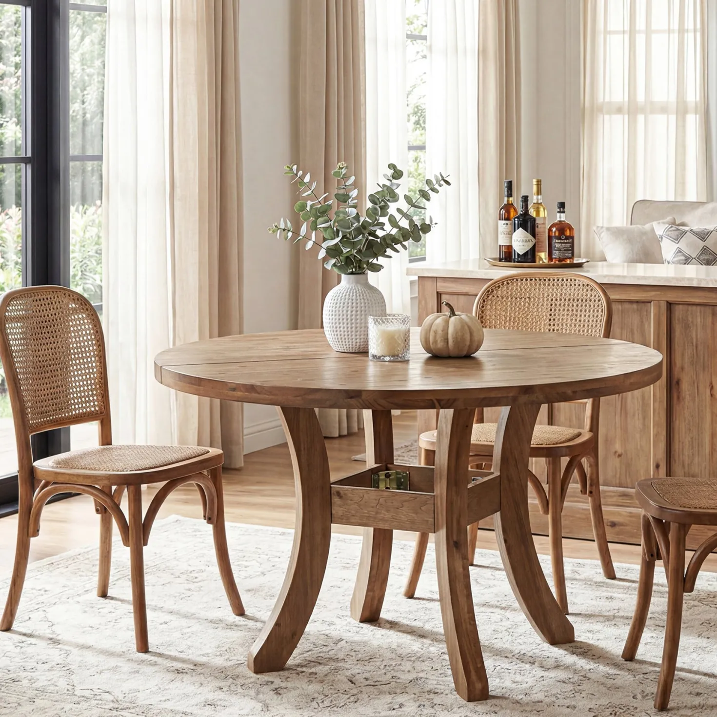 Solid Wood Round Dining Table, 47" Kitchen Table with Unique Curved Legs