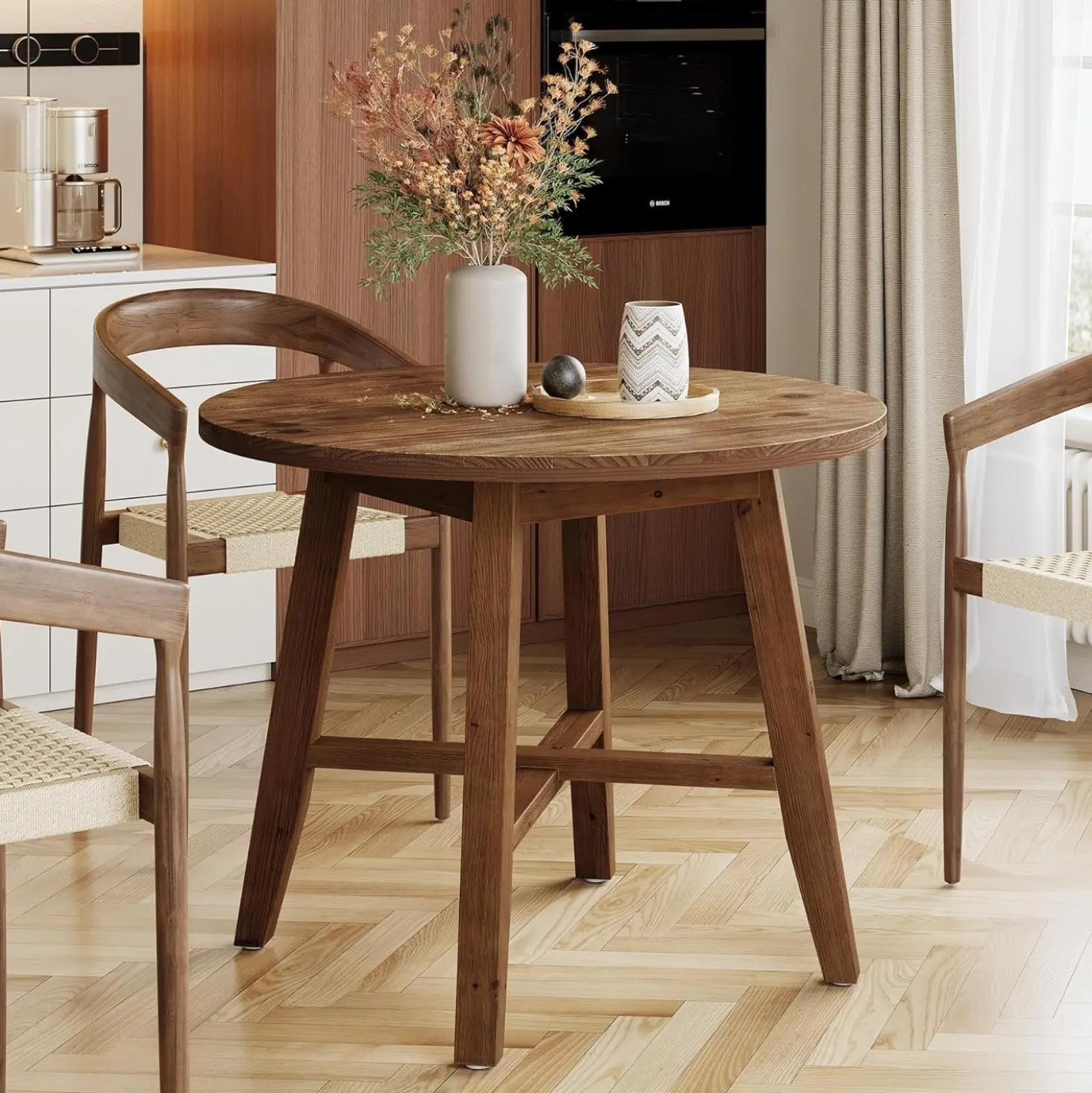 Solid Wood Round Dining Table, 31.5" Farmhouse Kitchen Table for 2-4