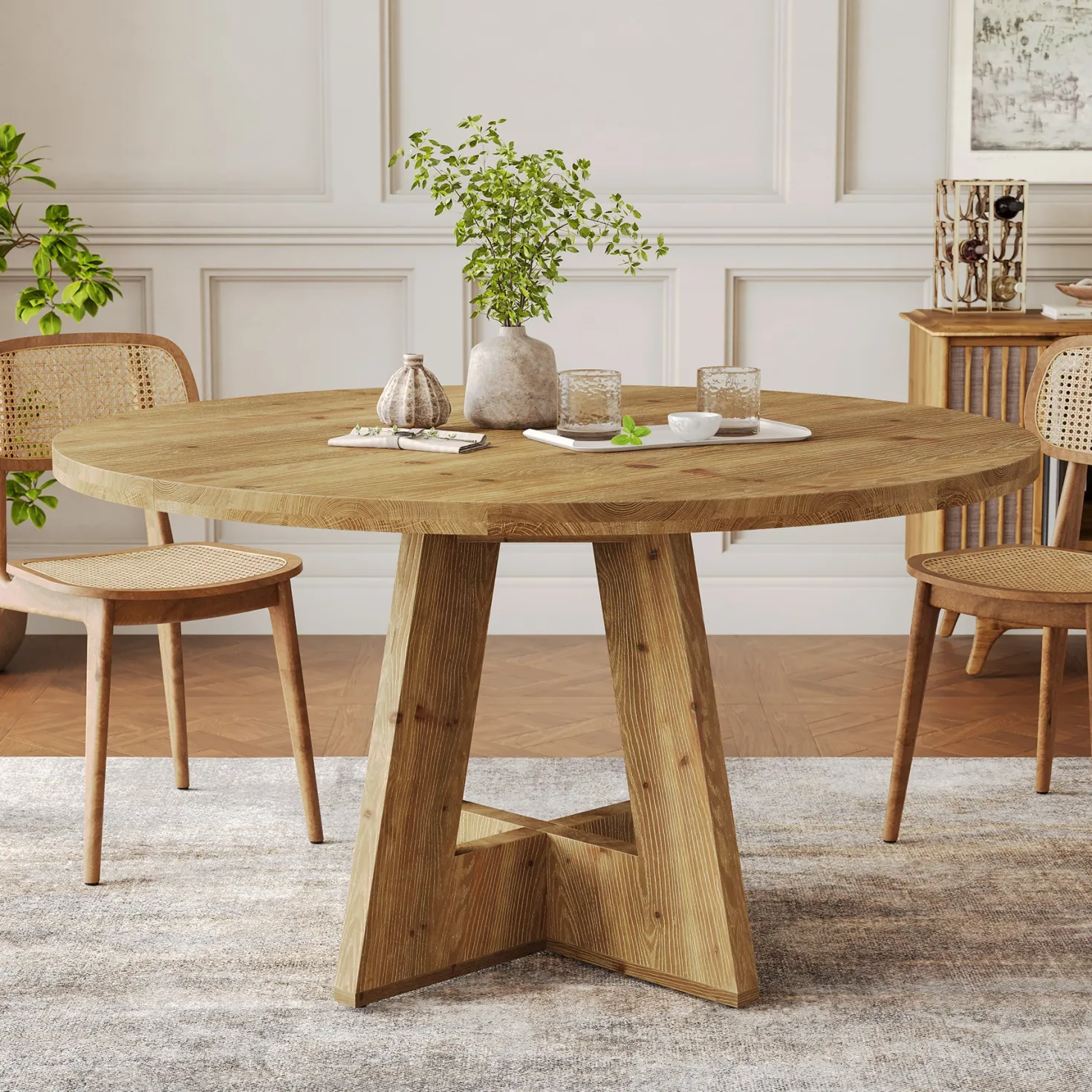 Solid Wood Round Dining Table for 4-6, 47" Farmhouse Kitchen Table for Dining Room