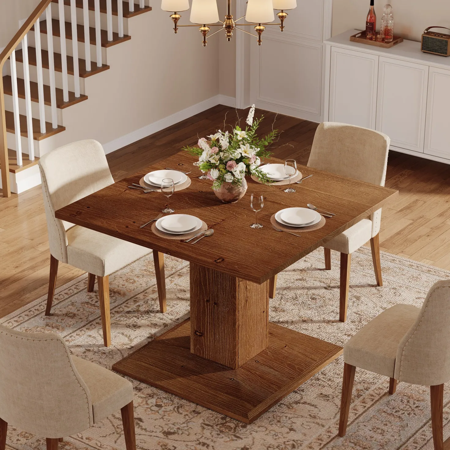 Solid Wood Square Dining Table for 4, 31.5" Kitchen Table with Pedestal Base