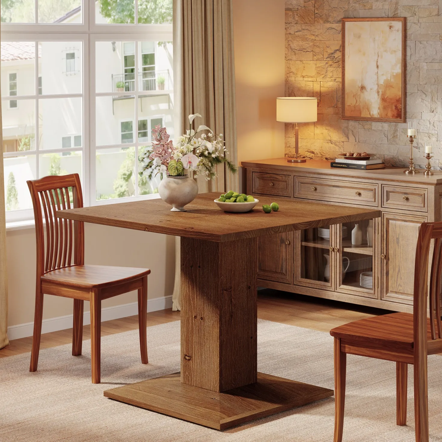 Solid Wood Square Dining Table for 4, 31.5" Kitchen Table with Pedestal Base
