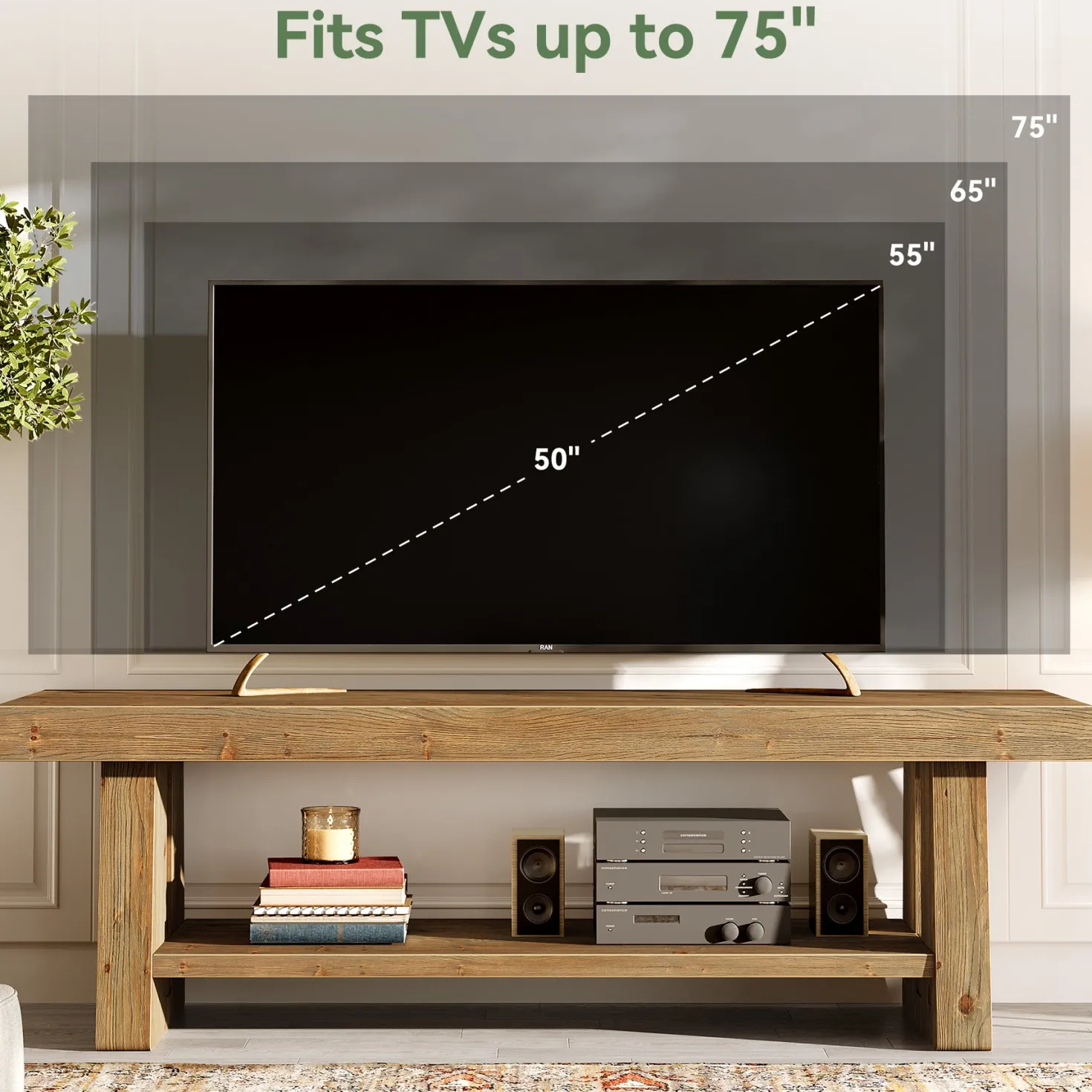 Solid Wood TV Stand for Up to 75 Inch TV, 2-Tier Farmhouse Media Console with Open Shelves