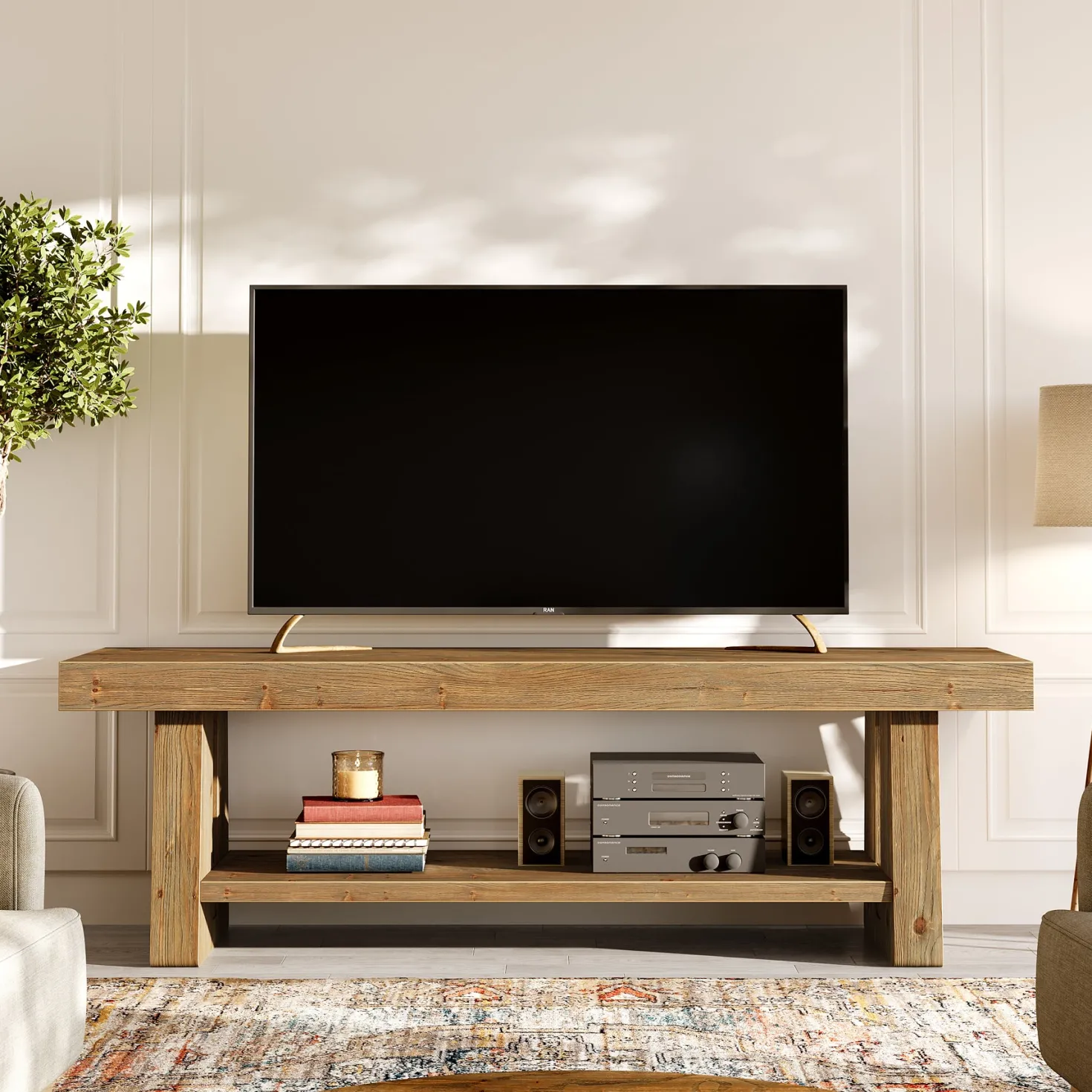 Solid Wood TV Stand for Up to 75 Inch TV, 2-Tier Farmhouse Media Console with Open Shelves