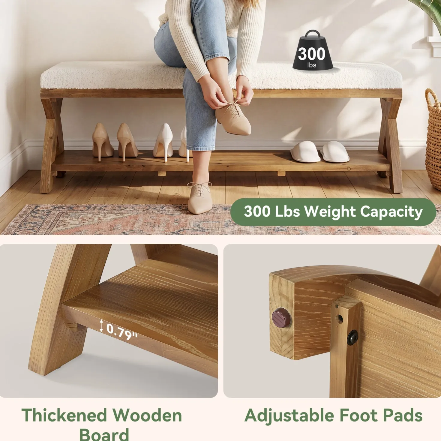 Solid Wood Upholstered Shoe Bench, Entryway Bench with Padded Seat and Storage Shelf