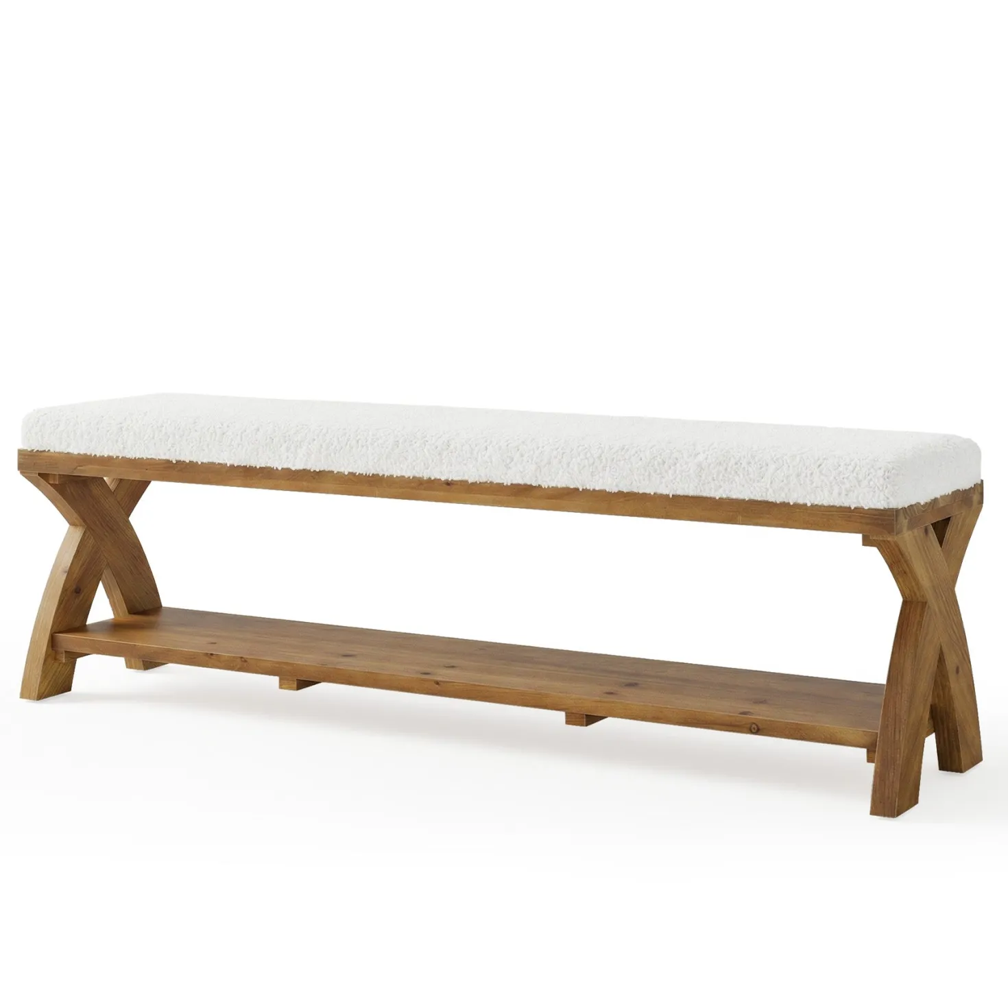 Solid Wood Upholstered Shoe Bench, Entryway Bench with Padded Seat and Storage Shelf