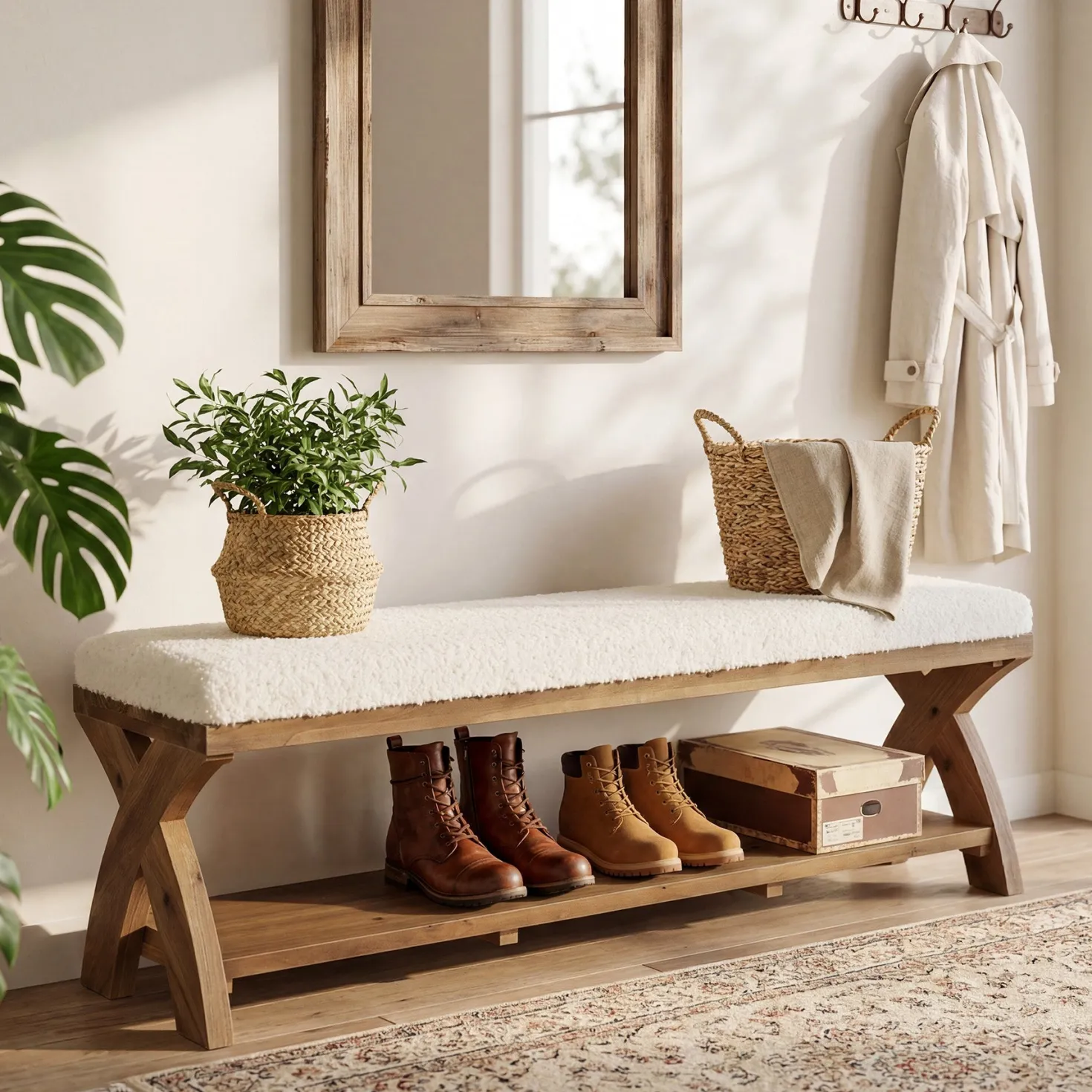 Solid Wood Upholstered Shoe Bench, Entryway Bench with Padded Seat and Storage Shelf