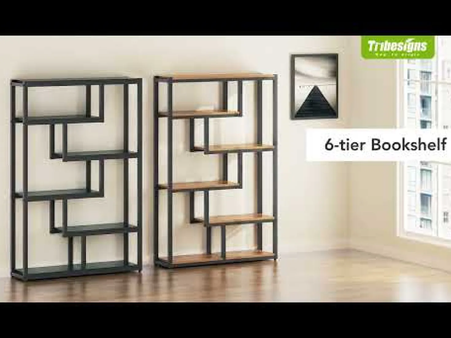 5-Tier Bookshelf, 69" Industrial Etagere Bookcase with Staggered Shelves