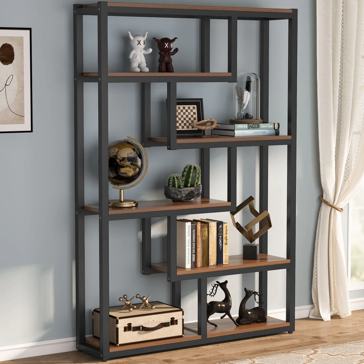 5-Tier Bookshelf, 69" Industrial Etagere Bookcase with Staggered Shelves